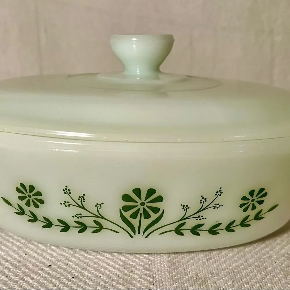 Vintage Glasbake Casserole Dish J235 1 QT Green Daisy Milk Glass Lid.